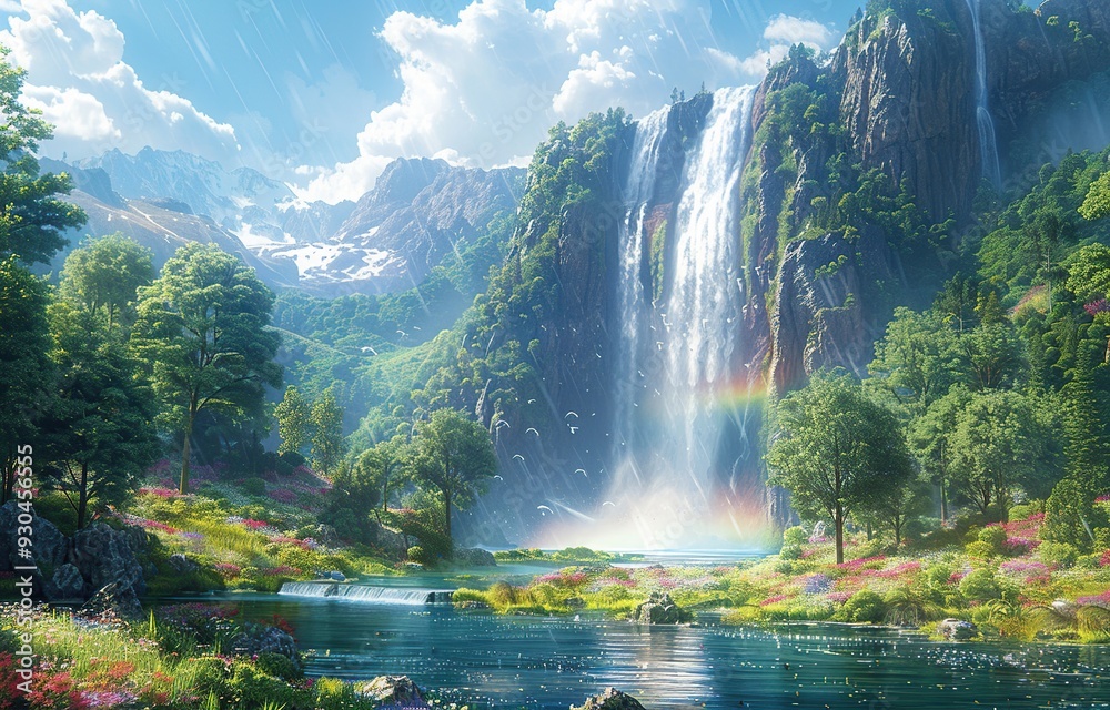 Fototapeta premium Majestic Waterfall in a Lush Mountain Valley