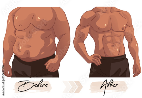 Vector illustration of changes before and after male body fitness
