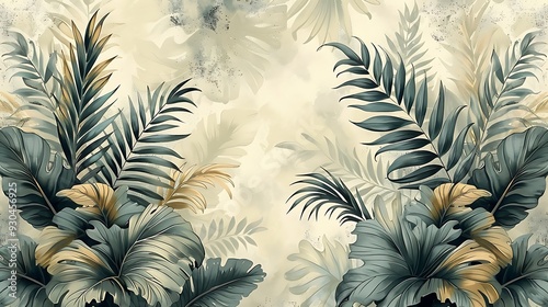 Vintage-inspired seamless wallpaper design featuring large, delicate fern fronds, set against a textured, earthy background, hand-drawn details, natural light, tropical and lush, hd quality.