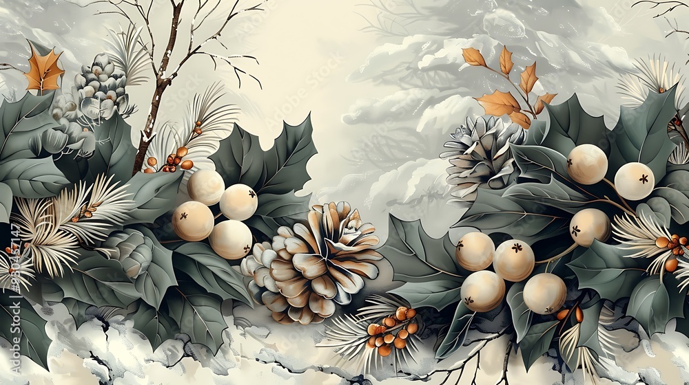 Fototapeta premium Winter botanicals seamless wallpaper design, with hand-drawn vintage illustrations of pine branches, holly, and mistletoe, cool blue and green tones, frosty winter backdrop, intricate details,