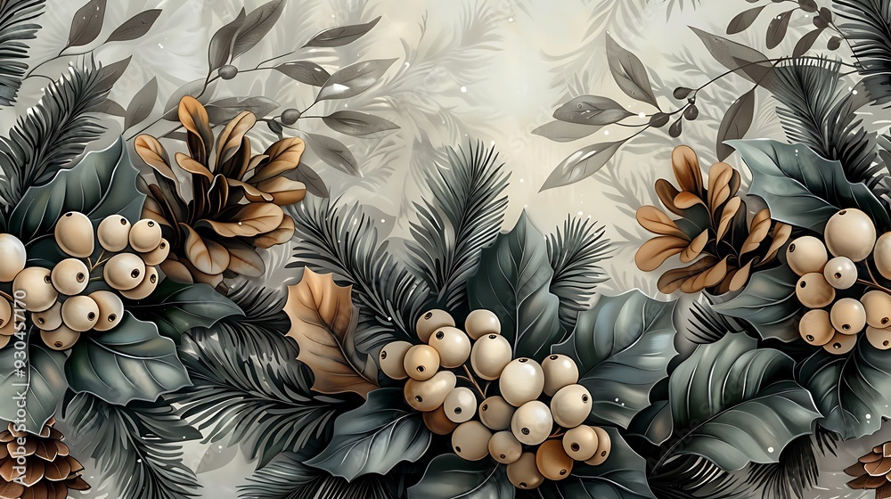 Fototapeta premium Winter botanicals seamless wallpaper design, with hand-drawn vintage illustrations of pine branches, holly, and mistletoe, cool blue and green tones, frosty winter backdrop, intricate details,