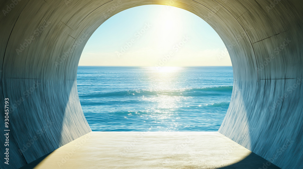 A circular concrete opening reveals a breathtaking ocean view with sunlit waves.
