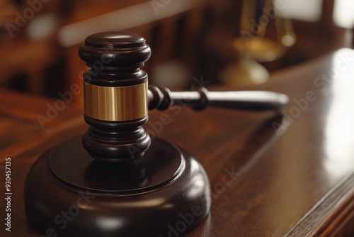 Gavel on wooden table in courtroom setting.