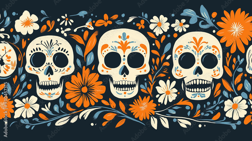 Day of the Dead sugar skulls surrounded by colorful flowers and foliage. Day of the Dead sugar skulls surrounded by colorful flowers and foliage.