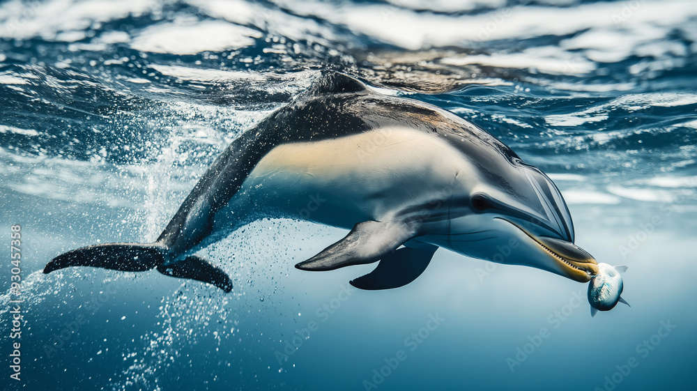 Naklejka premium Dolphin leaping from water with fish in mouth.