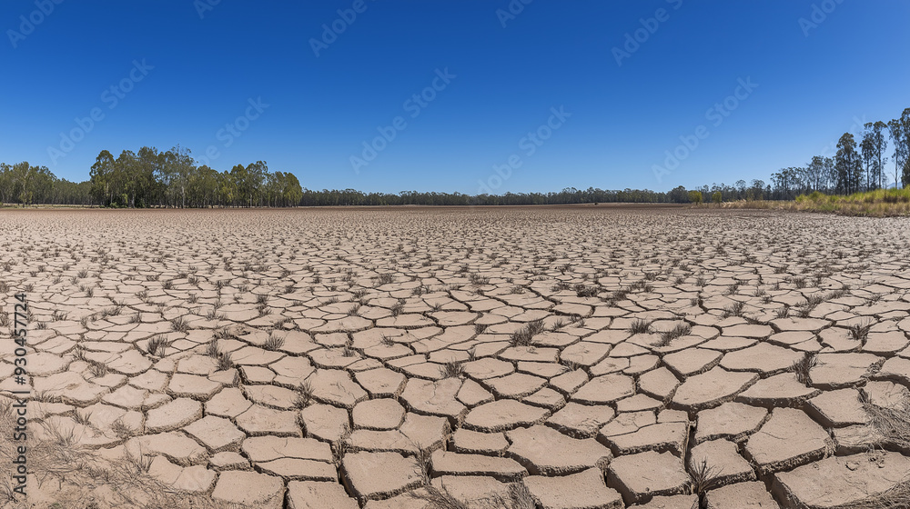 Fototapeta premium Cracked earth of a dried-up lake bed under a clear blue sky.
