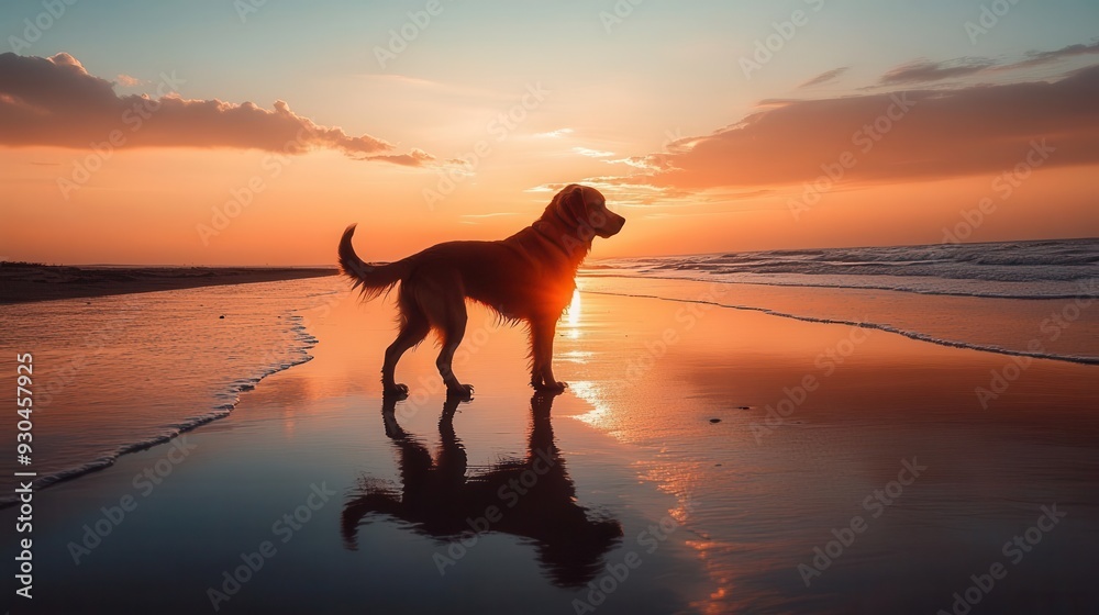 Golden Retriever dog silhouette at sunset on the beach. Golden Retriever dog silhouette at sunset on the beach.