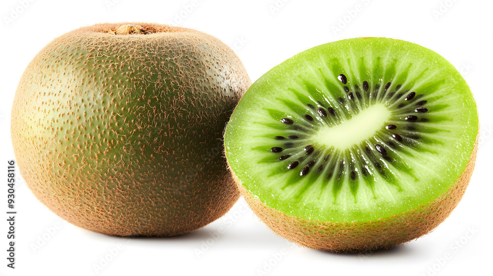 Fototapeta premium Fresh Kiwi Fruit Close-up with Halved and Sliced Pieces on a White Background