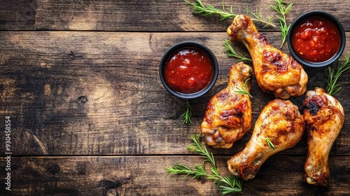 Crispy Roasted Chicken Legs with Spicy Dip on Wooden Background - Delicious crispy roasted chicken drumsticks, served with a tangy red sauce, ready for a flavorful and satisfying meal. This image embo photo