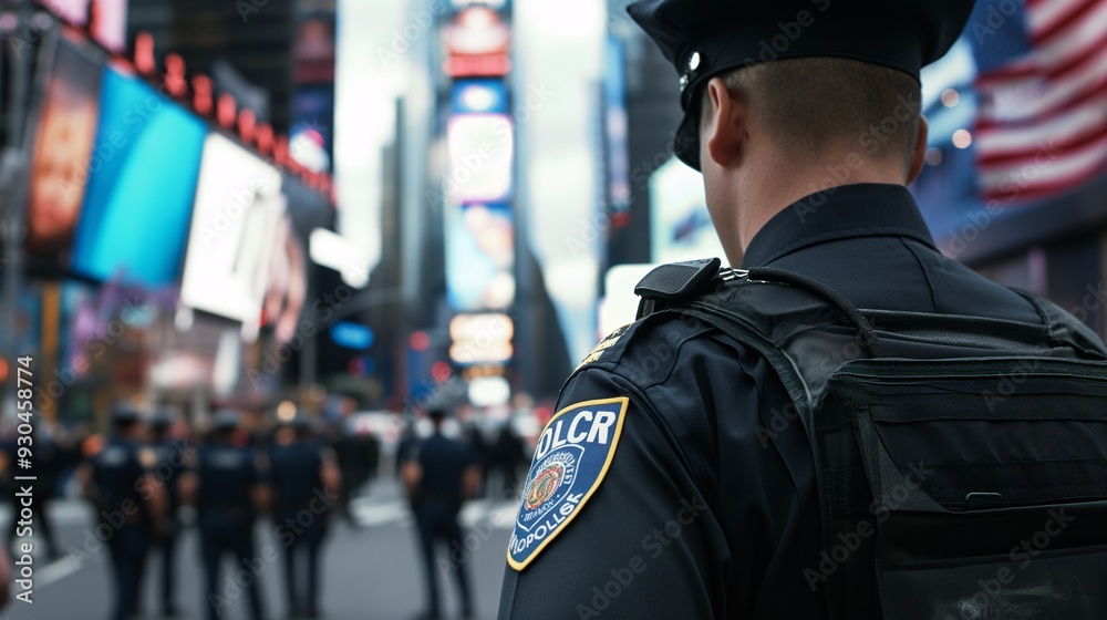 Fototapeta premium NYC Police Officer on Duty: A solitary NYPD officer stands vigil in Times Square, a symbol of safety and security amidst the bustling cityscape. His focused gaze and unwavering presence evoke a sense