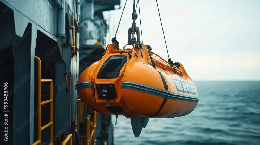 An orange lifeboat is suspended by cables from the side of a ship over ...