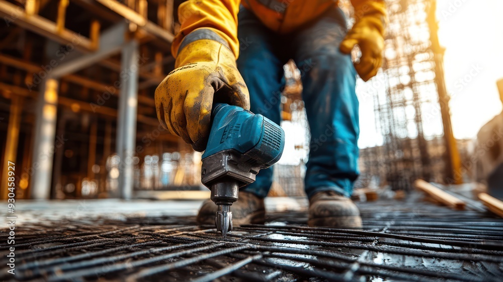 Worker using a heavy-duty impact wrench on a construction site, highlighting the power of industrial tools. Worker using a heavy-duty impact wrench on a construction site, highlighting the power of industrial tools.