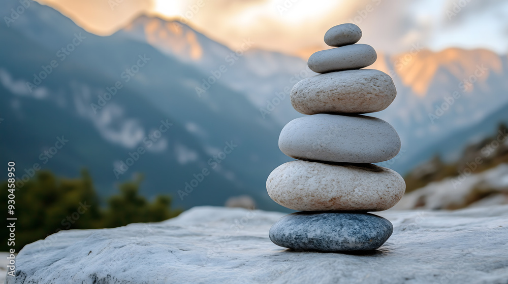 Zen Stone Stack in Misty Mountainous Landscape for Peaceful Meditation Zen Stone Stack in Misty Mountainous Landscape for Peaceful Meditation