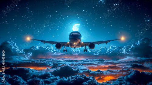 Airplane flying in night sky over the clouds, passenger jet commercial plane in starry night.