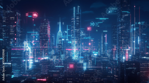 Wallpaper Mural A futuristic cityscape illuminated with vibrant neon lights and digital interfaces, creating a captivating display of technological advancement. Torontodigital.ca