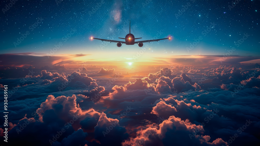 Airplane flying in night sky over the clouds, passenger jet commercial plane in starry night. Airplane flying in night sky over the clouds, passenger jet commercial plane in starry night.