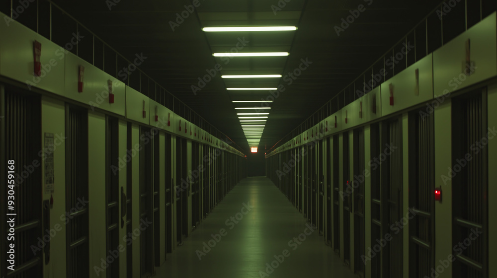 Long, dimly lit corridor with rows of metal doors and fluorescent lights. Long, dimly lit corridor with rows of metal doors and fluorescent lights.