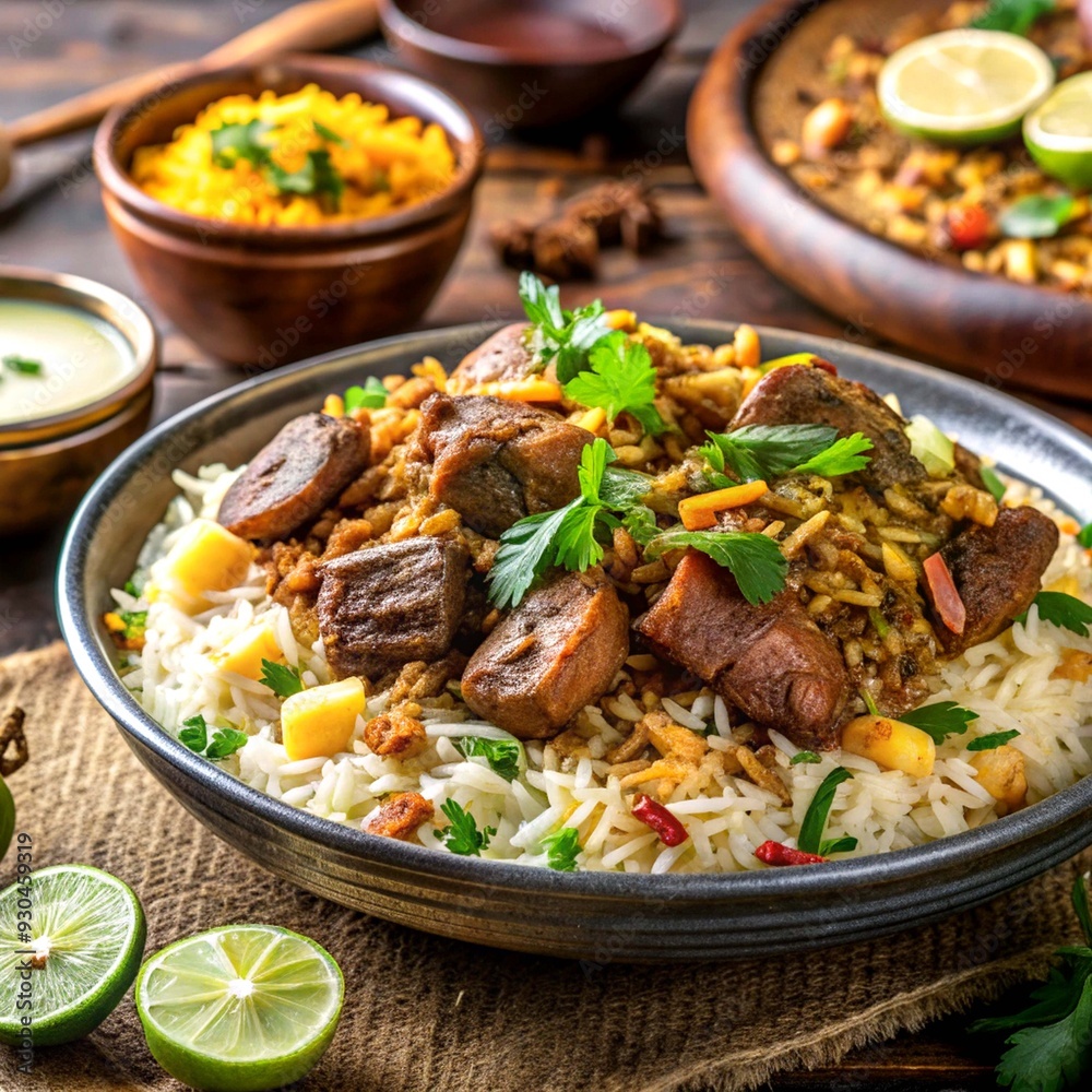 Close-up of delicious meal consisted of rice with meat and vegetables in bowl Close-up of delicious meal consisted of rice with meat and vegetables in bowl