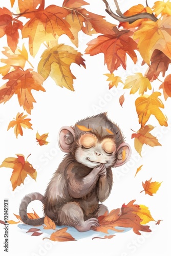 Watercolor Cute Autumn Monkey Clipart Sublimation