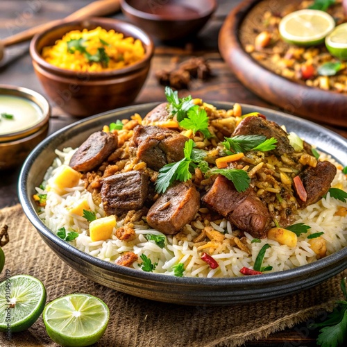 Close-up of delicious meal consisted of rice with meat and vegetables in bowl