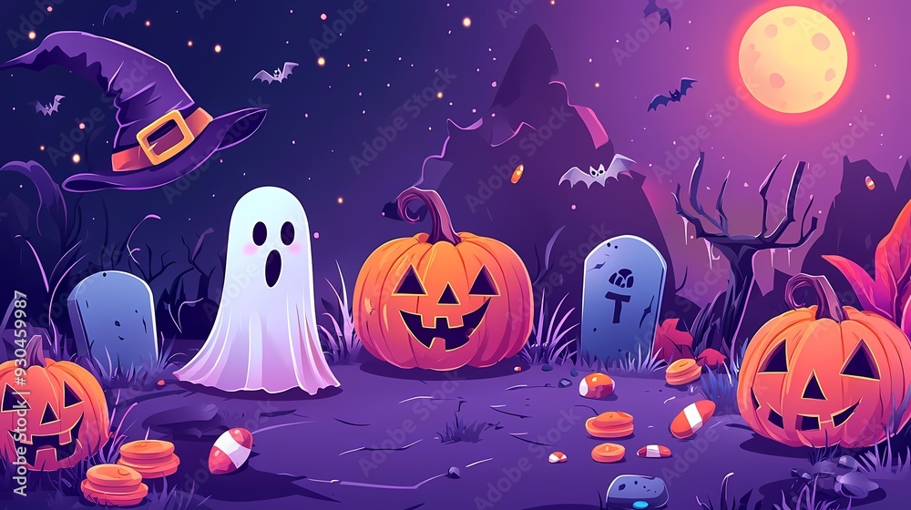 A spooky Halloween scene featuring a ghost, carved pumpkins, tombstones, and a full moon in a vibrant night landscape. A spooky Halloween scene featuring a ghost, carved pumpkins, tombstones, and a full moon in a vibrant night landscape.
