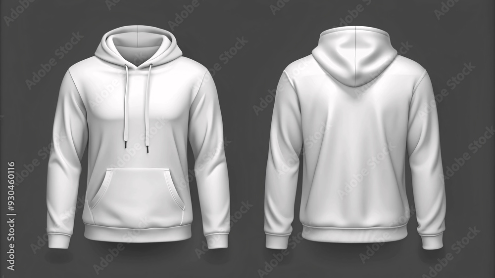 White black hoodie front back mockup. Fashionable template sweatshirt casual clothes with hood cotton vector textile unisex set for sports