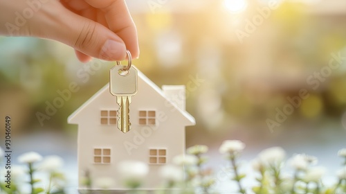 A hand holding a key above a small house model, symbolizing home ownership.