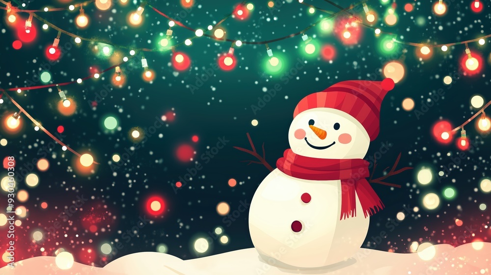 A snowman with a red scarf and hat, surrounded by colorful Christmas lights against a dark background. The scene is filled with festive cheer and snowfall. A snowman with a red scarf and hat, surrounded by colorful Christmas lights against a dark background. The scene is filled with festive cheer and snowfall.