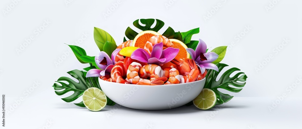 A vibrant bowl of shrimp garnished with tropical flowers and citrus on a light background, perfect for culinary and hospitality themes. A vibrant bowl of shrimp garnished with tropical flowers and citrus on a light background, perfect for culinary and hospitality themes.