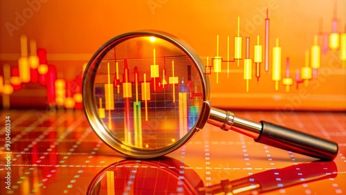 Magnifying glass zooms in on digital financial charts, glowing data points, high-tech, photorealistic
