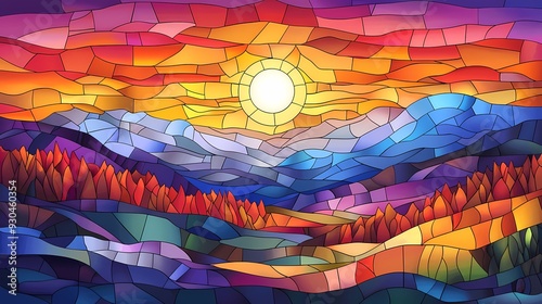 A vibrant, abstract stained glass landscape depicting a colorful sunset over rolling hills and mountains.