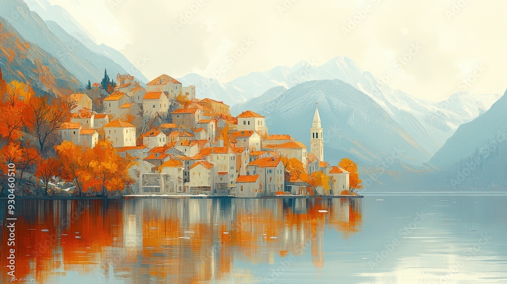 Fototapeta premium Autumn Reflections over a Tranquil Lakeside Village
