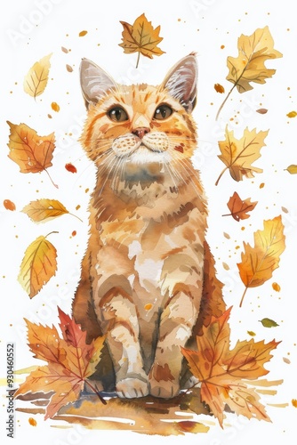 Watercolor Cute Autumn Cat Clipart Sublimation