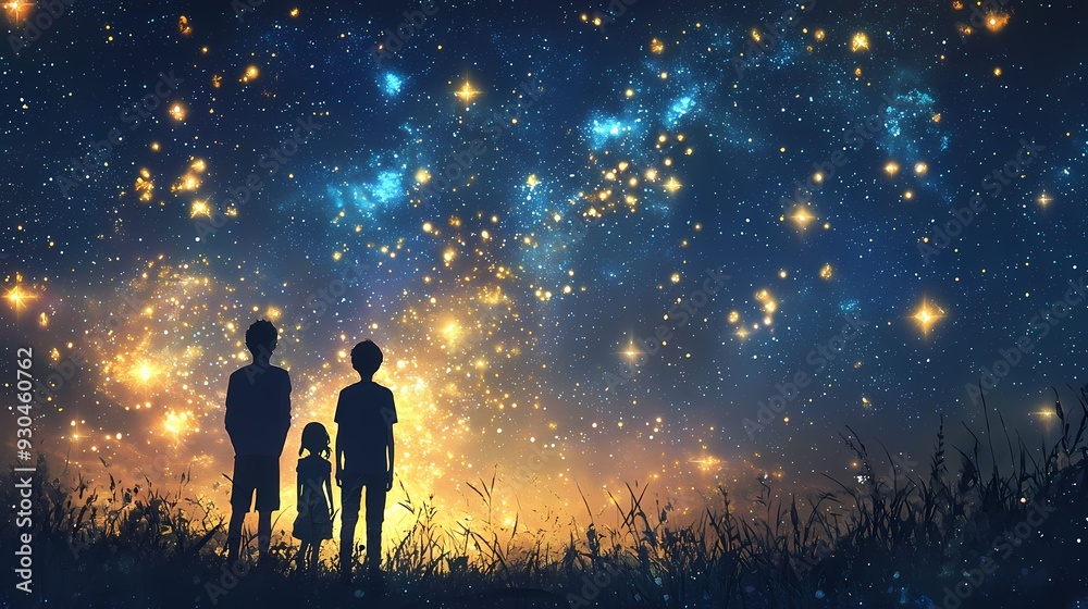 Children gazing at a breathtaking starry sky filled with vibrant colors and sparkling stars, inspiring wonder and imagination. Children gazing at a breathtaking starry sky filled with vibrant colors and sparkling stars, inspiring wonder and imagination.