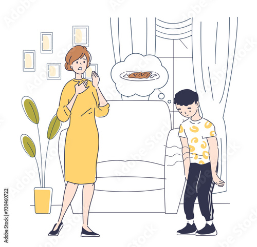 Mother with hungry child. Boy asks woman for meat. Toddler wants food and eating. Motherhood and childhood. Linear vector illustration isolated on white background