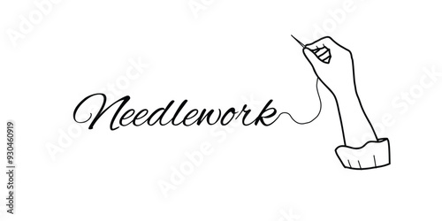 Needlework Concept. Embroidering Female Hand holding Needle with Thread isolated on a white background. Hand drawn Vector Illustration. Vintage style. Outline graphics of Hobby, Sewing and Embroidery