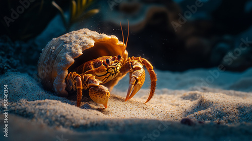 A hermit crab emerging from its shell on a sandy bottom. Its body is illuminated by soft light, highlighting the bright details of its shell photo