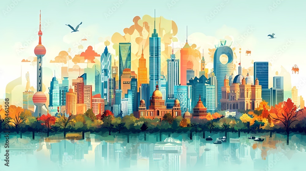 Fototapeta premium Vibrant city skyline with modern skyscrapers and autumn foliage reflecting in water, showcasing urban beauty and harmony.