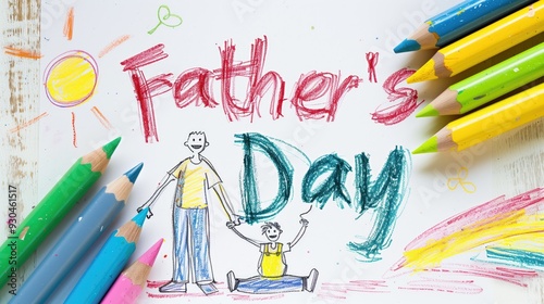 Colorful child's drawing with words "Father's Day" surrounded by colored pencils and doodles. Concepts of family, celebration, and creativity.