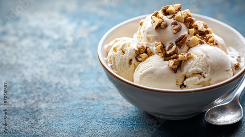 Delicious Vanilla Ice Cream Topped with Pecan Nuts in a Bowl - A bowl of creamy vanilla ice cream topped with pecan nuts, a classic dessert that symbolizes indulgence, sweetness, comfort, and satisfac