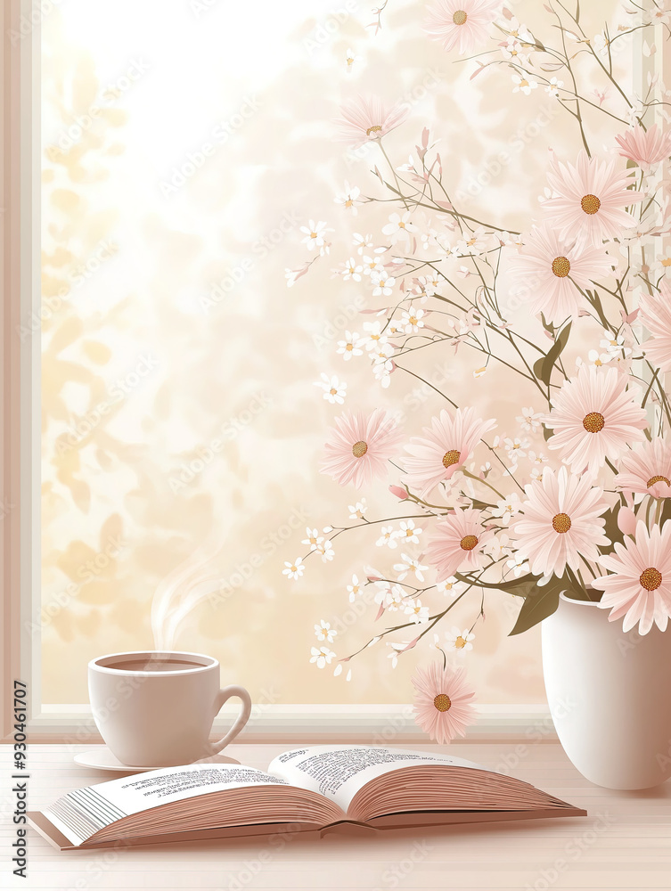 a cup of coffee and a book with flowers beside window in summer afternoon a cup of coffee and a book with flowers beside window in summer afternoon