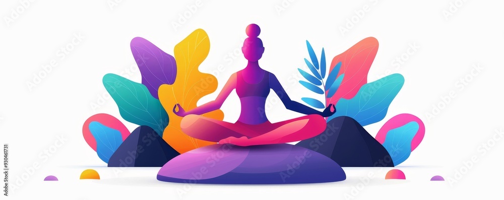 Obraz premium A vibrant illustration of a meditating figure surrounded by colorful abstract shapes, symbolizing tranquility and inner peace.