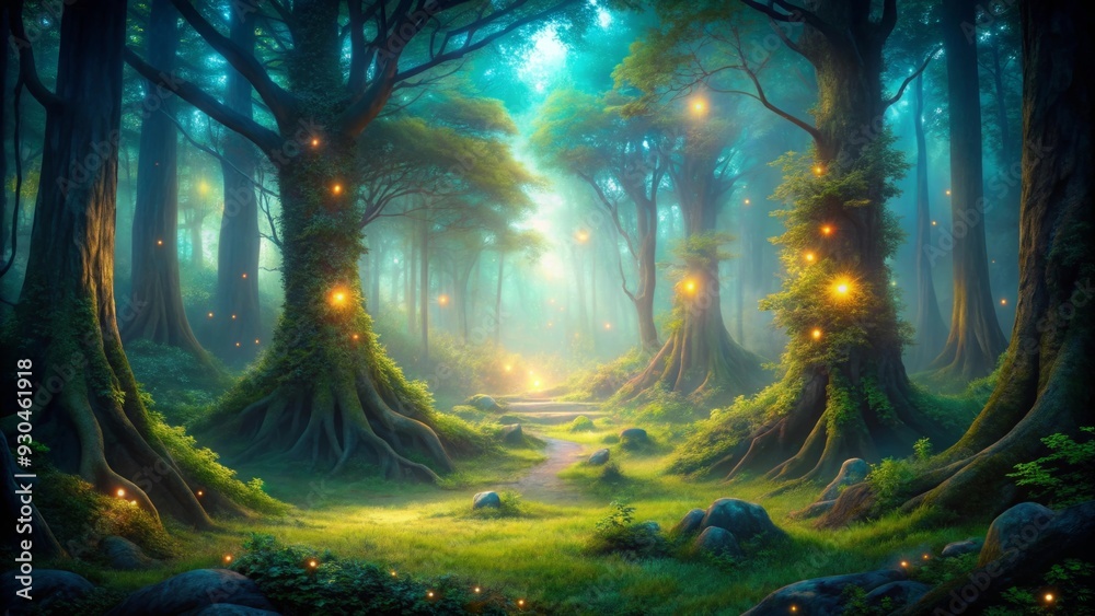 Enigmatic glow illuminating the darkness of an ancient forest with magical aura and mysterious atmosphere Enigmatic glow illuminating the darkness of an ancient forest with magical aura and mysterious atmosphere