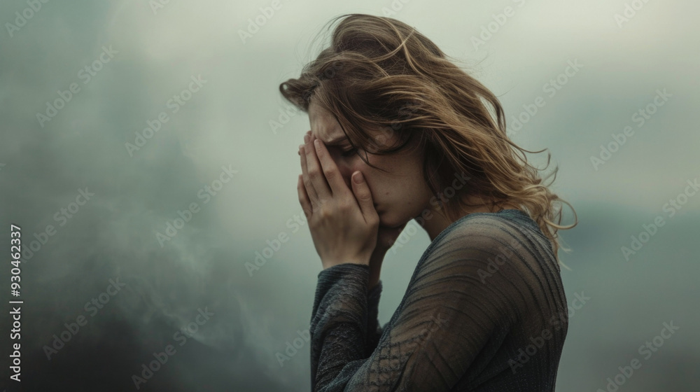 Woman standing in the fog. Her face is hidden in her hands and she is crying. The background is a dark, misty forest Woman standing in the fog. Her face is hidden in her hands and she is crying. The background is a dark, misty forest