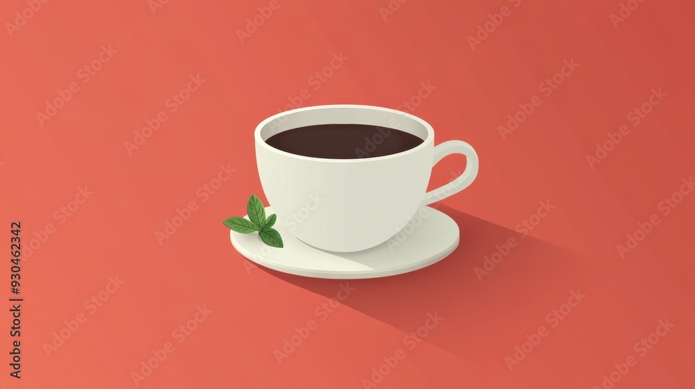 Minimalist Coffee Cup on Saucer with Mint Leaf Minimalist Coffee Cup on Saucer with Mint Leaf