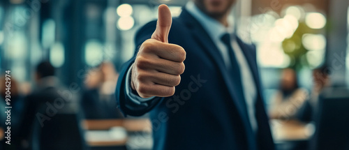 A businessman giving a thumbs-up gesture in a corporate meeting. businessman thumbs-up