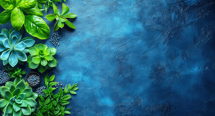 Succulents and Greenery on Blue Background: A vibrant border of succulents and greenery against a deep blue backdrop.  Create a serene and natural aesthetic for your designs, inviting a sense of tranq
