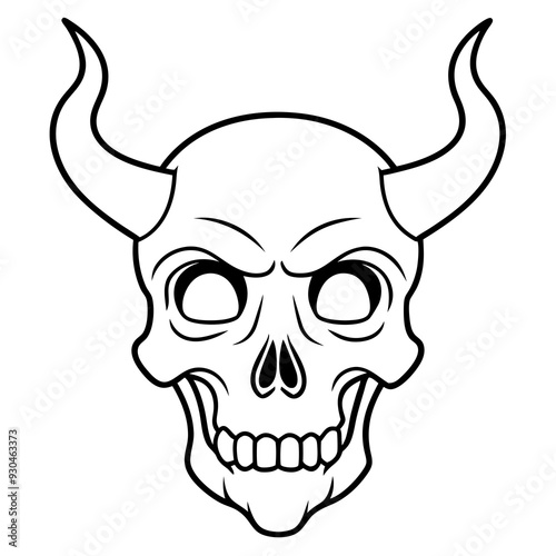 Vintage demon skull with horns line art vector illustration