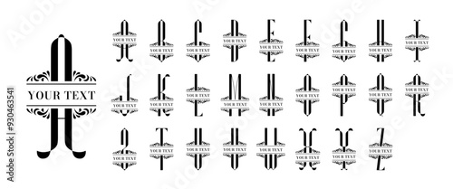 Split monogram. Retro initial capital letters with ornate text frame, geometric emblem alphabet font. Modern typography decorative elements vector set.