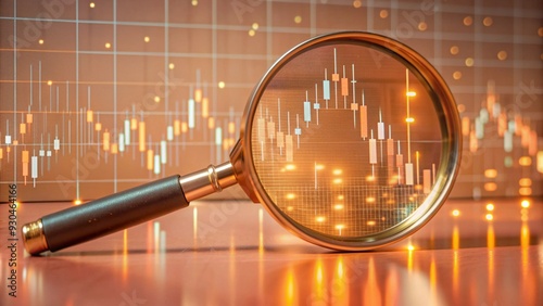 Magnifying glass zooms in on digital financial charts, glowing data points, high-tech, photorealistic